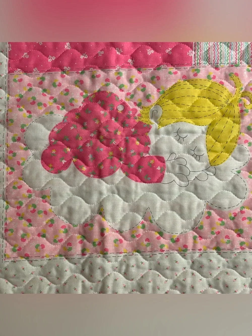 Vintage 70’s Baby Quilt /Giraffe, Rainbow, Teddy Bear 43” L X33”W - IT’S A GIRL